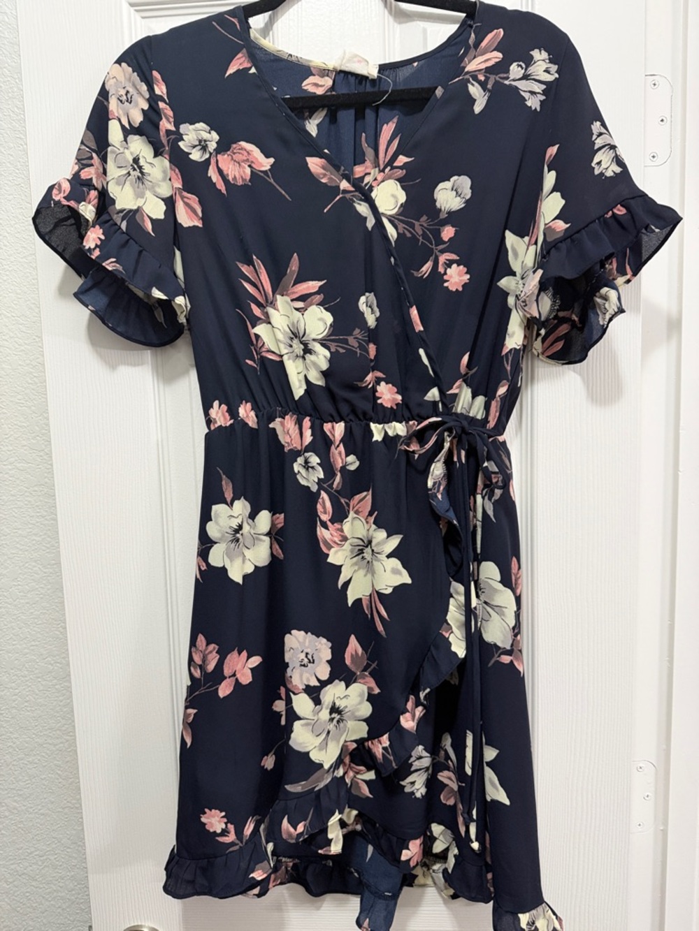 Sienna Sky Navy Floral Wrap Mini Dress with Pink & Cream Blooms